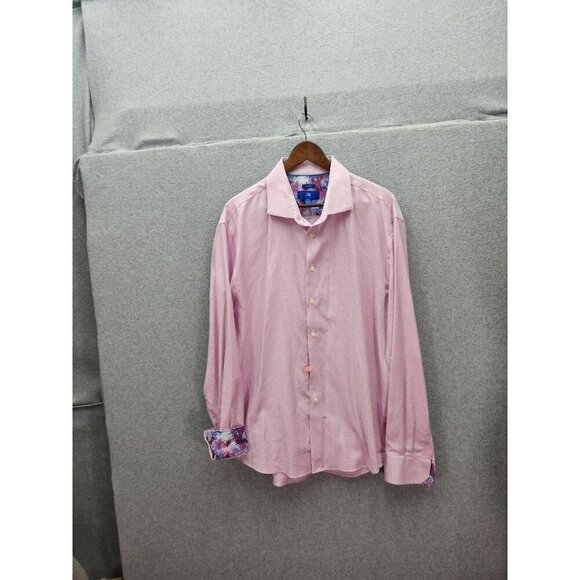 Egara Mens Non-Iron XXL Pink Gingham Dress Shirt With Floral Inner Collar & Cuff - Picture 1 of 3